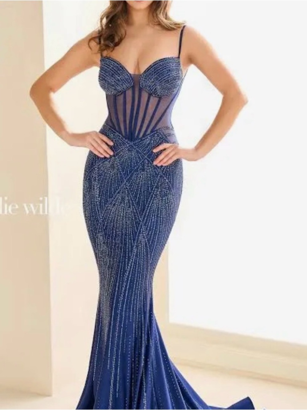 ellie wilde Navy Beaded Sheer Corset Mermaid Gown